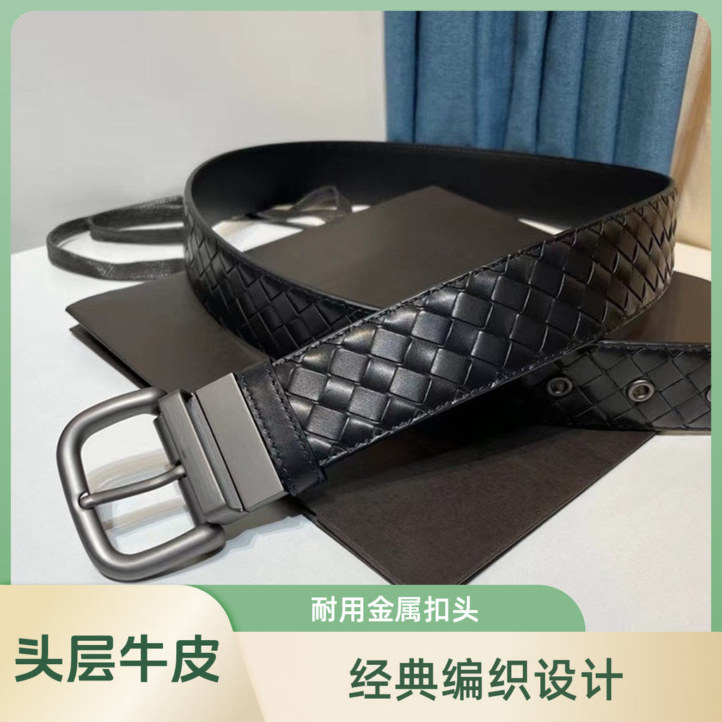 bv旋转扣头时尚编织腰带男士头层牛皮百搭裤带轻奢皮带高端经典