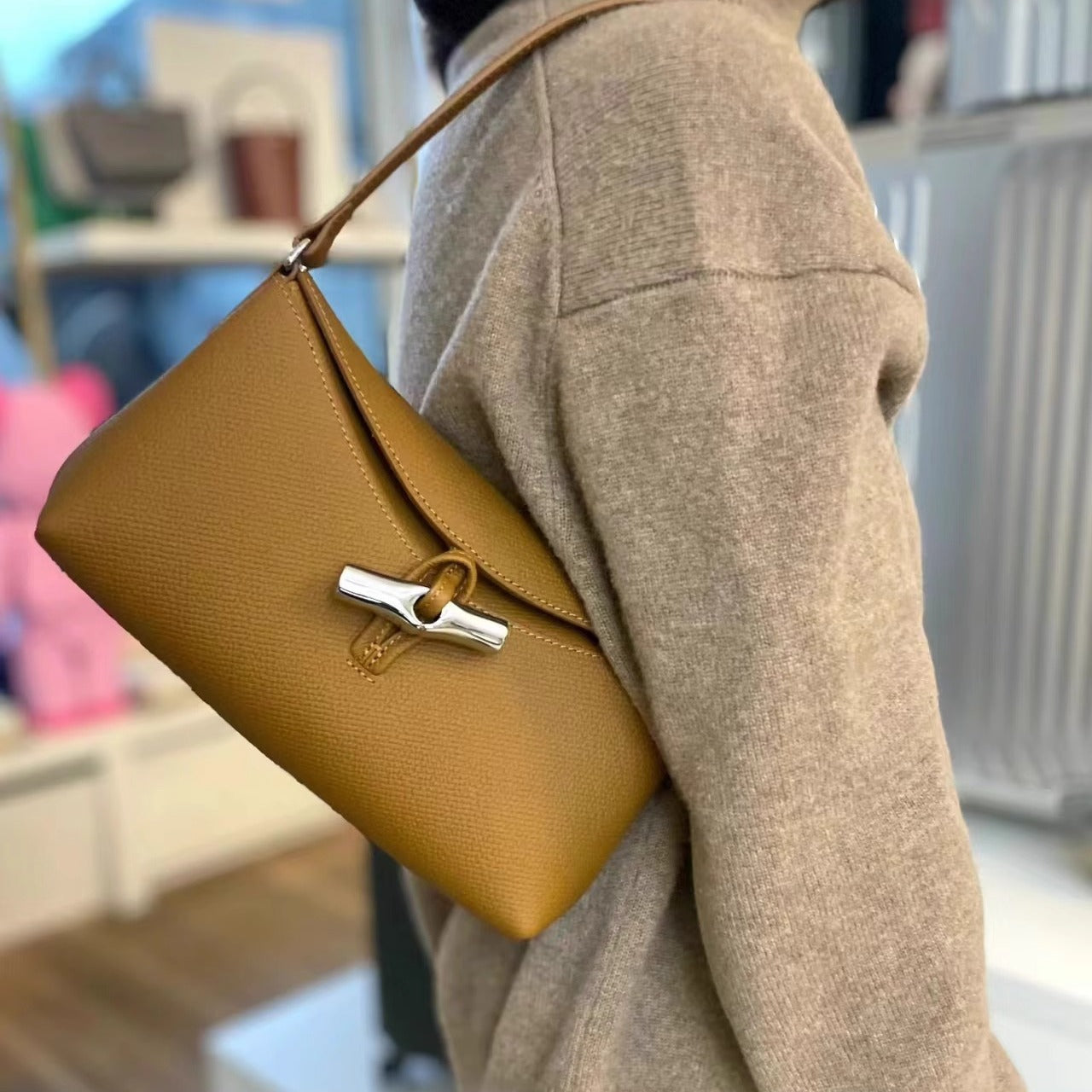 竹节腋下包竹节扣翻盖牛皮手提包时尚百搭hobo单肩包女 直播代发