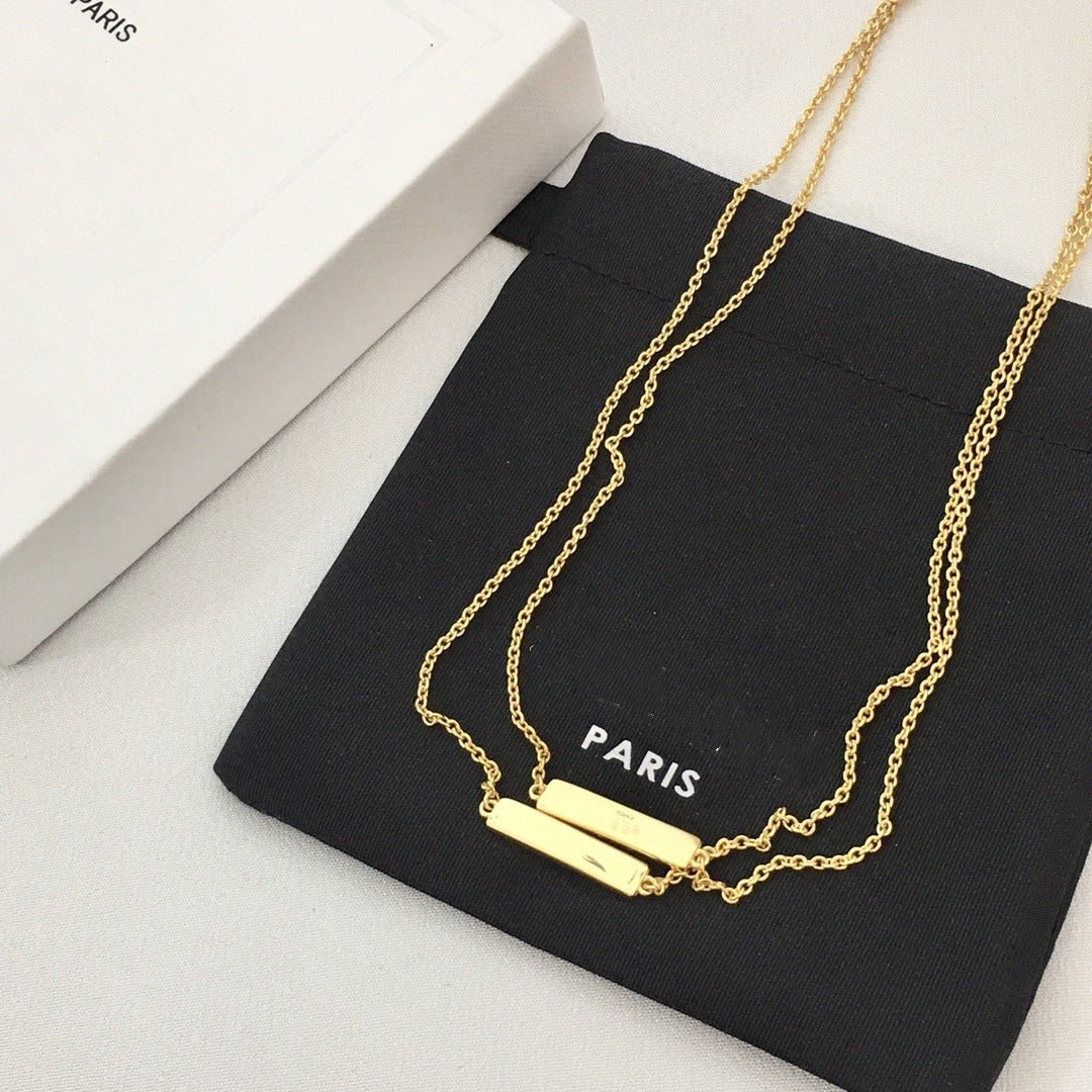 CEL风22新款双层金色长方牌字母项链女高级感气质光面镀24K锁骨链