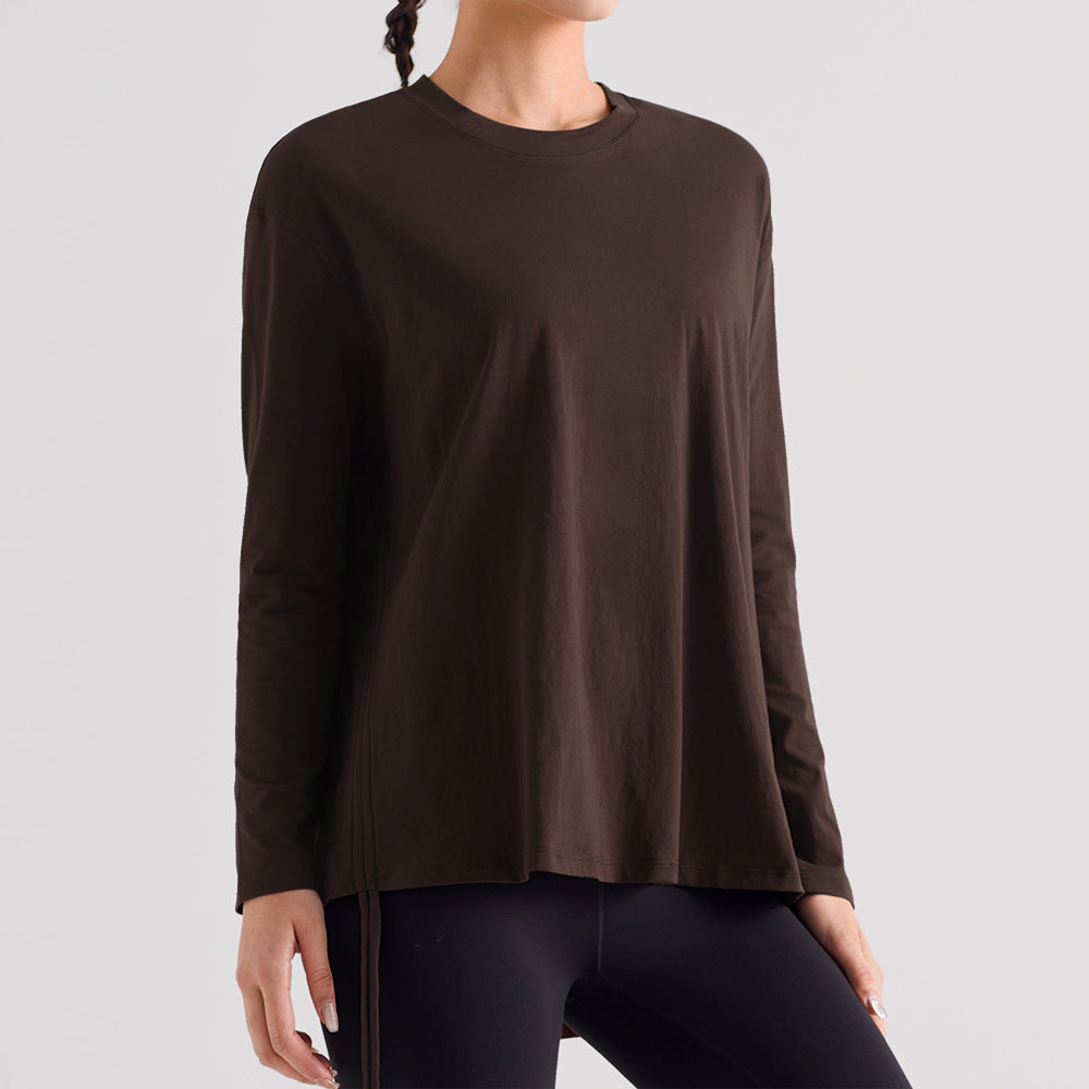 宽松抽绳运动上衣女透气速干健身T恤防晒跑步瑜伽服长袖休闲罩衫