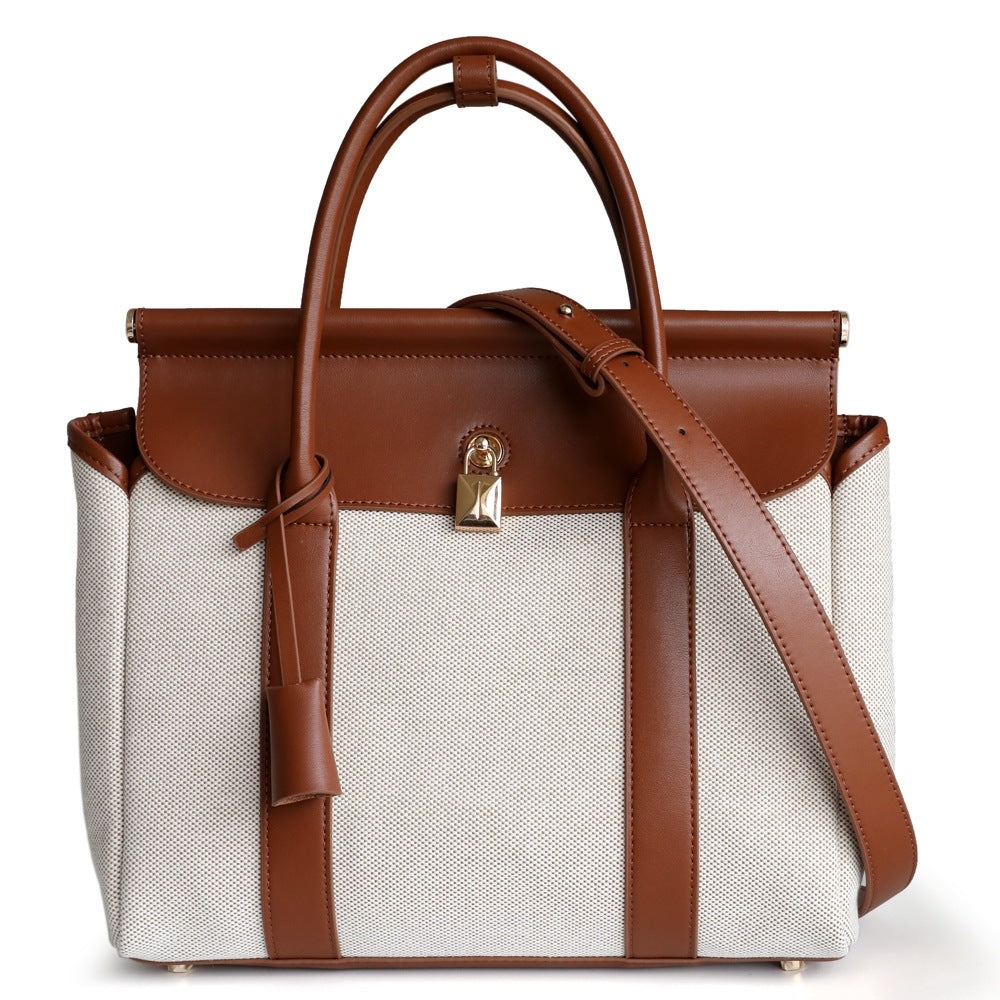 LP同款手袋手拎包帆布拼皮老钱风大容量单肩手提通勤托特公文包包