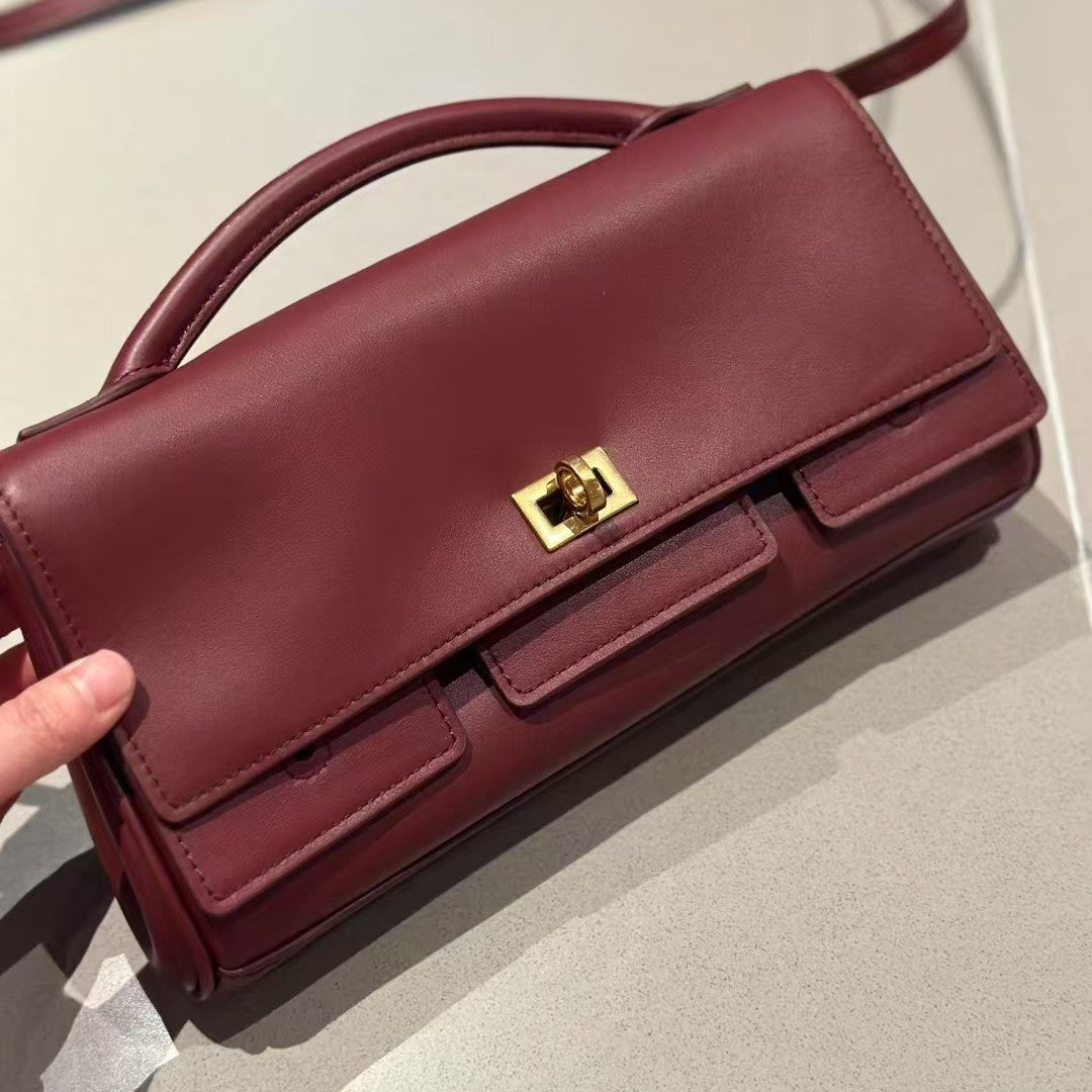 B家手提包晚宴真皮女包时尚单肩法棍包高级简约纯色轻奢百搭包包