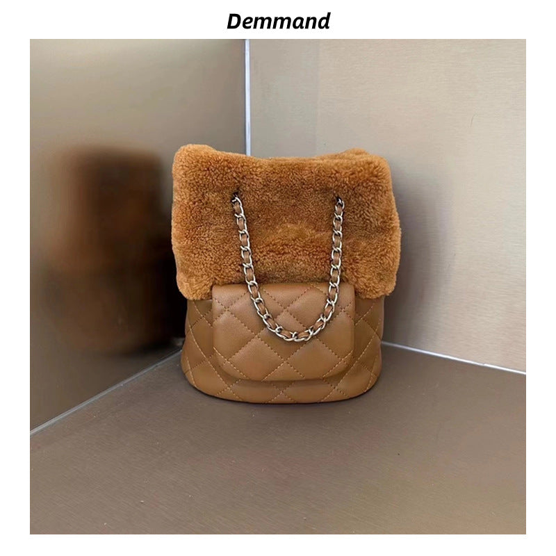 2024春季新款真皮配羊羔毛小香风菱格链条包包单肩斜挎包水桶包女