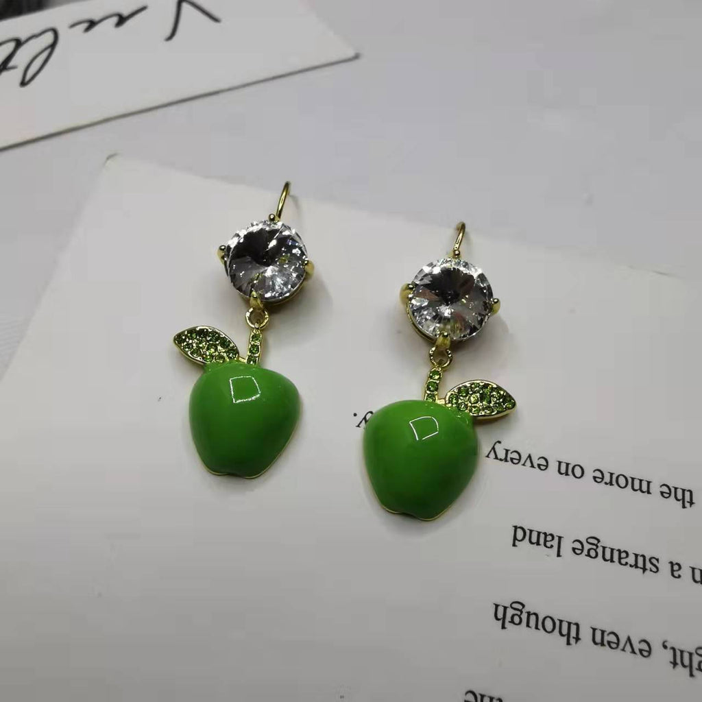 缪家21新款青苹果耳环仿水晶满钻耳钩高级感甜美气质青色水果耳饰
