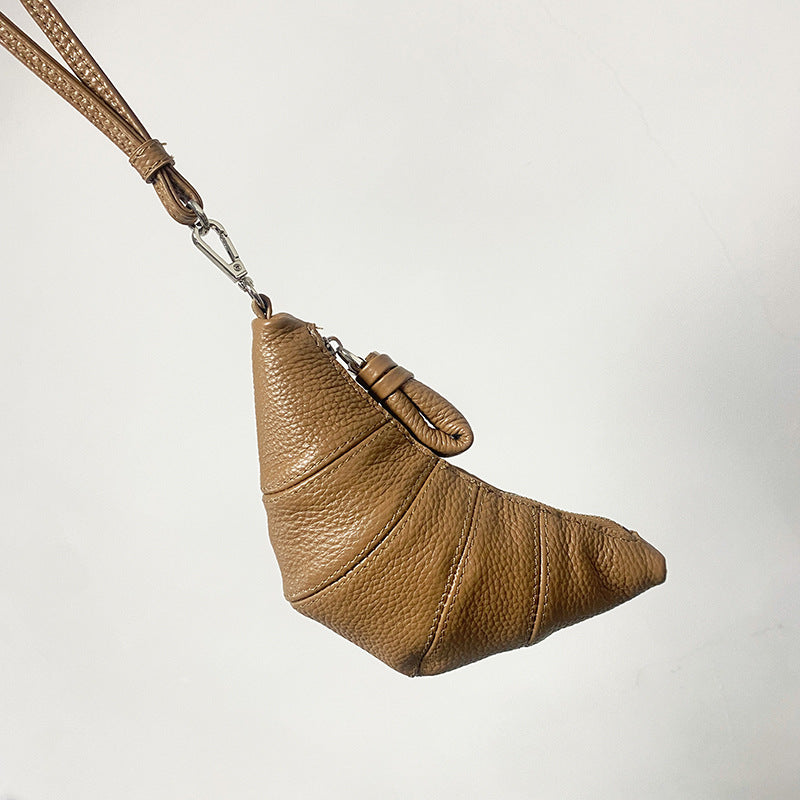 LE迷你挂脖牛角包钥匙零钱包头层牛皮可颂包单肩斜挎挂腰饺子包