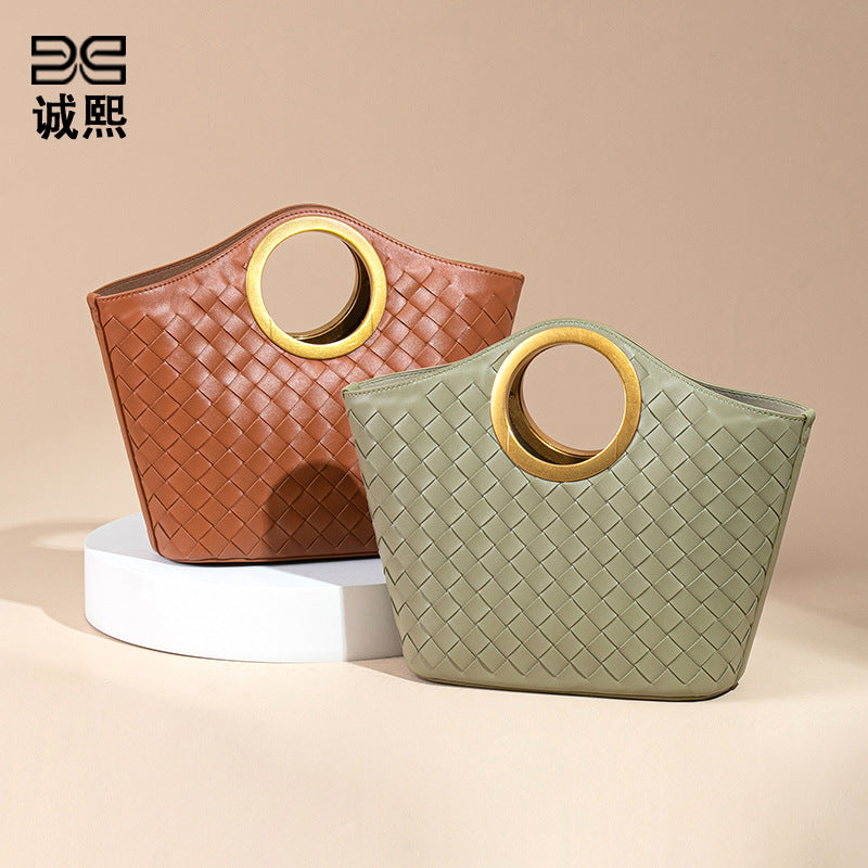 纯色复古菜篮子手工编织女包休闲百搭手提托特包包潮流单肩斜跨包