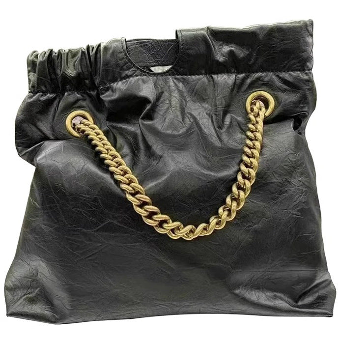 ins风慵懒随性手抓纹头层植鞣牛皮 链条单肩托特大包高质感垃圾袋