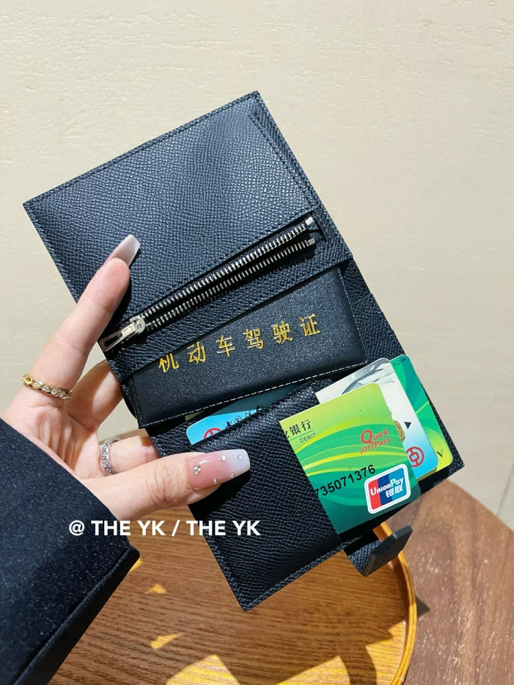 H真皮短款钱包男女通用h扣抽带短夹ep牛皮多卡位两折证件包零钱包