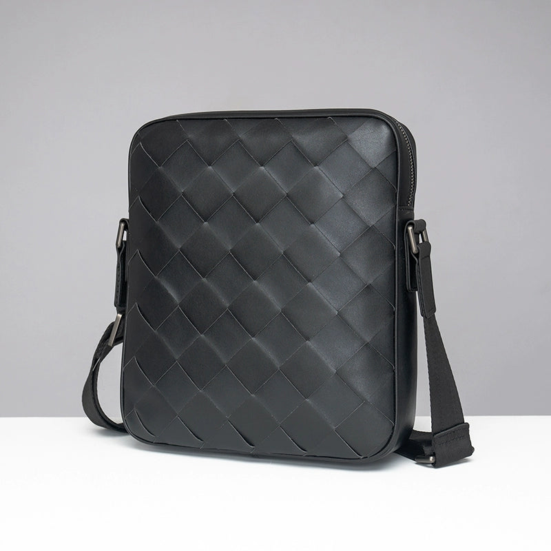 X&BV男包单肩包真皮休闲竖款编织商务男士斜挎包新款时尚潮流背包