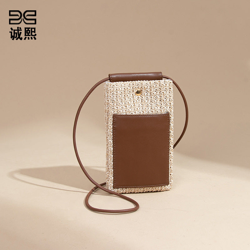 2025夏季新款拉菲草手机包清新百搭单肩斜挎包竖款时尚零钱袋小包