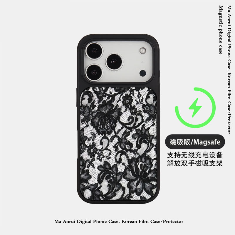 外贸蕾丝花纹适用苹果16pro晶瓷手机壳iPhone17亚克力PC磨砂防摔