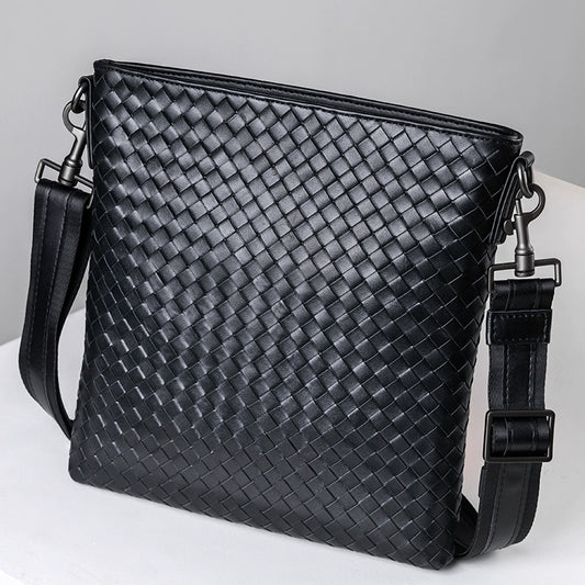 X&BV单肩包男真皮斜挎包竖款商务休闲时尚牛皮编织公文包男小背包
