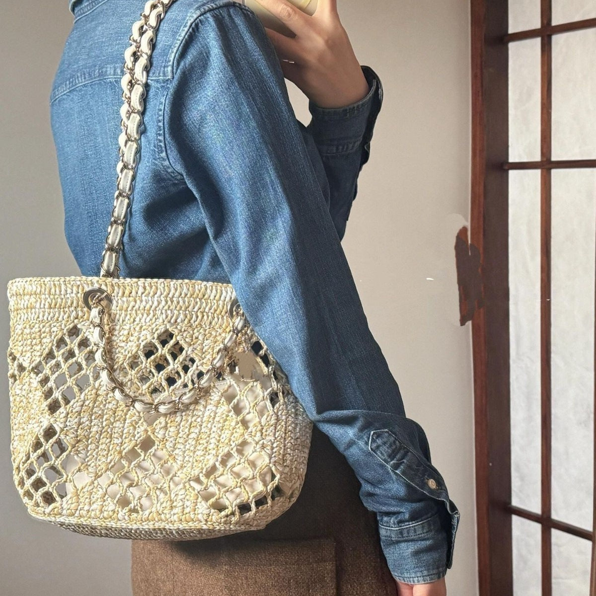 网格拉菲草编织包夏日多巴胺海边沙滩包森系菱格镂空包链条托特包