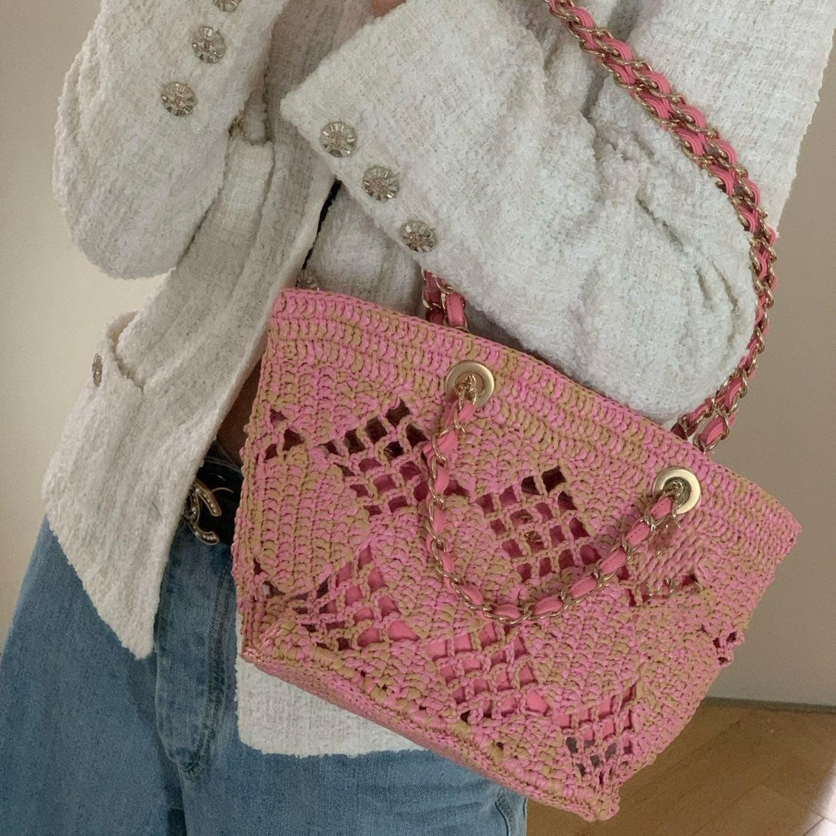 网格拉菲草编织包夏日多巴胺海边沙滩包森系菱格镂空包链条托特包