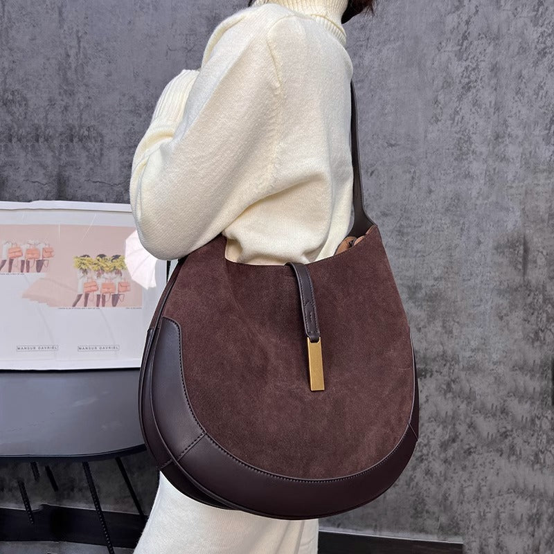 平价显贵慵懒老钱风郑秀晶同款单肩斜挎腋下麂皮拼色ID托特包大容