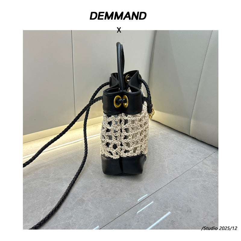 速卖通2025爆款拉菲草金属蝴蝶结托特包简约撞色手拎斜挎托特包包