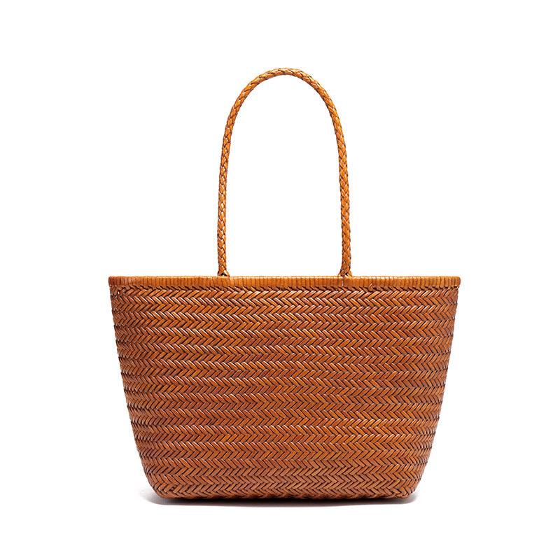 牛皮复古菜篮子手提托特女包个性手工编织包休闲度假风单肩腋下包