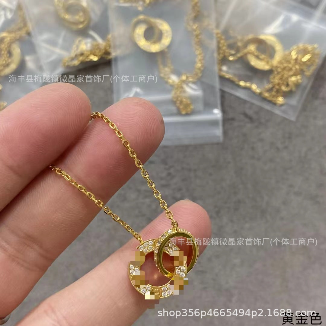 卡家高版本双环满天星圆饼项链女精工镀18K玫瑰金轻奢高级感锁骨