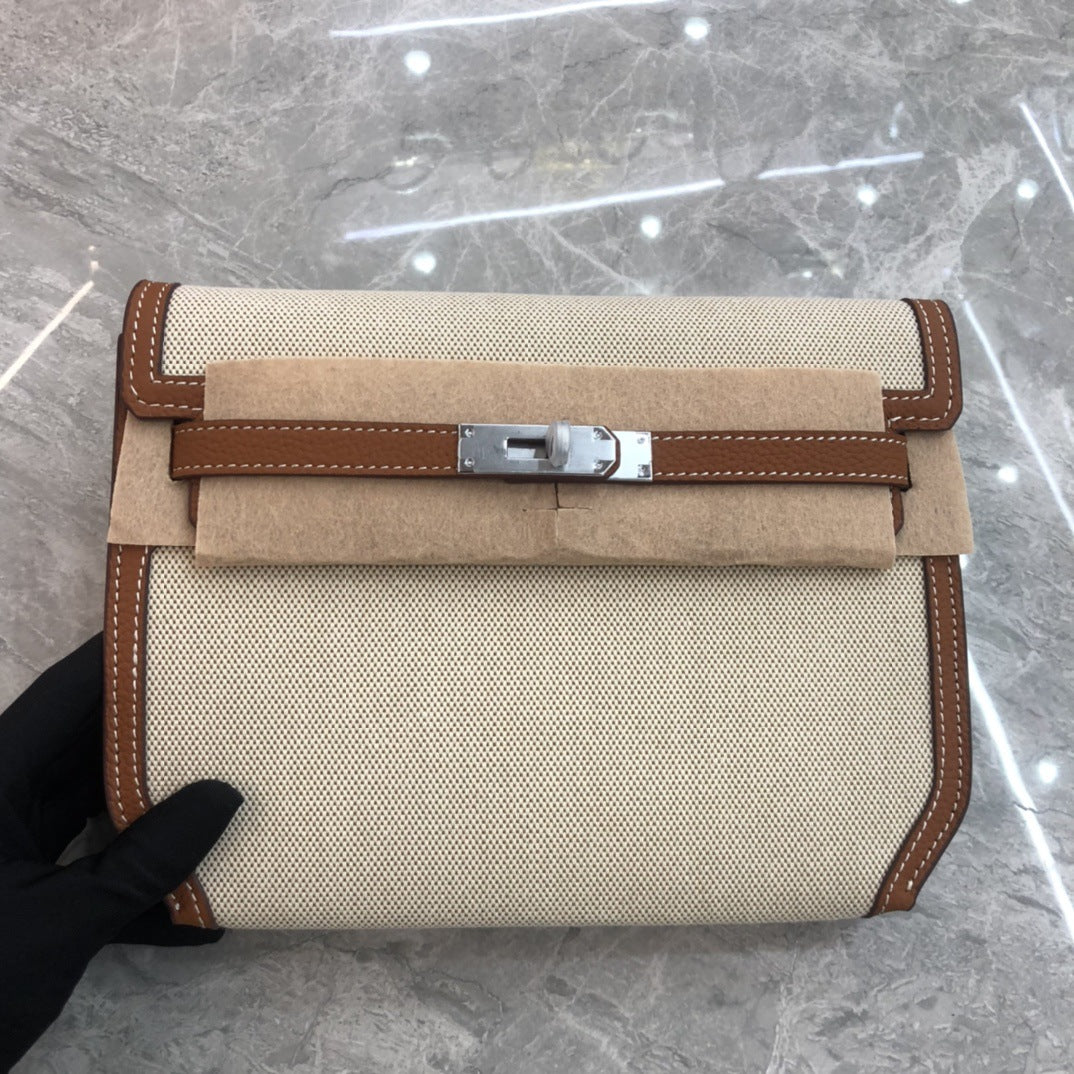 欧美时尚帆布配牛皮凯莉包2024秋冬新款单肩斜挎撞色气质小方包女