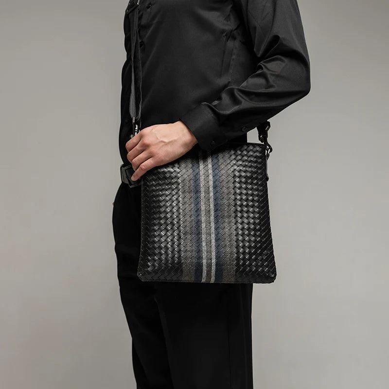 X&BV单肩包男真皮休闲男士斜挎包新潮竖款时尚牛皮编织男包小背包