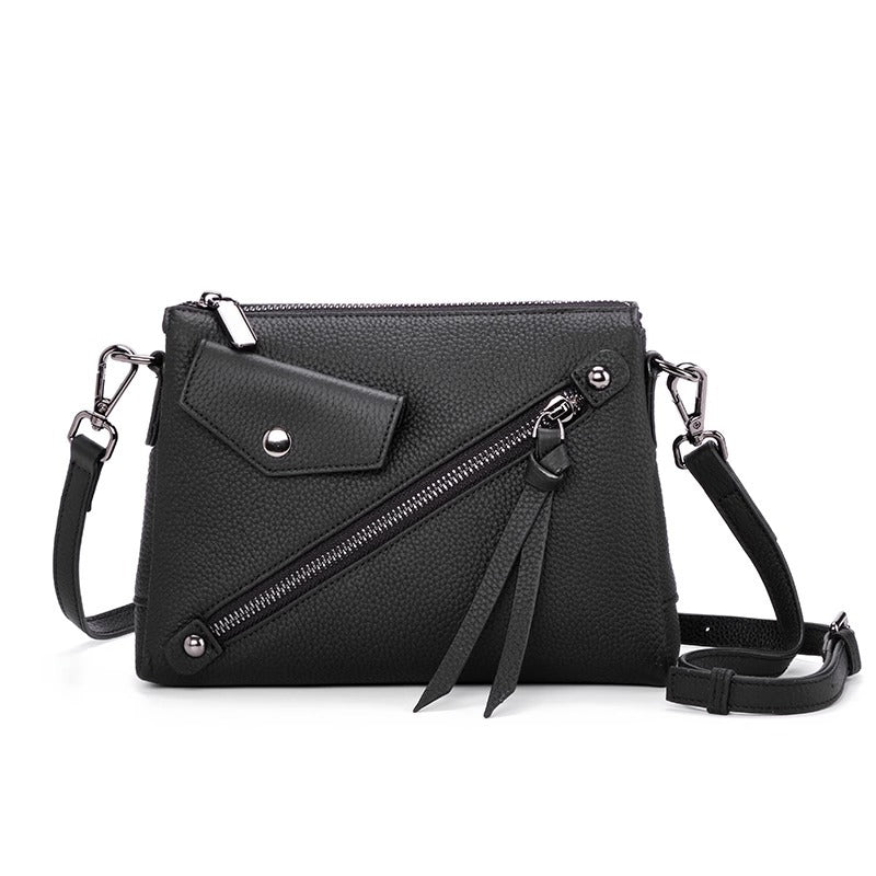 潮牌机车风格斜挎包女百搭大容量单肩小方包包黑色真皮厂无痕代发