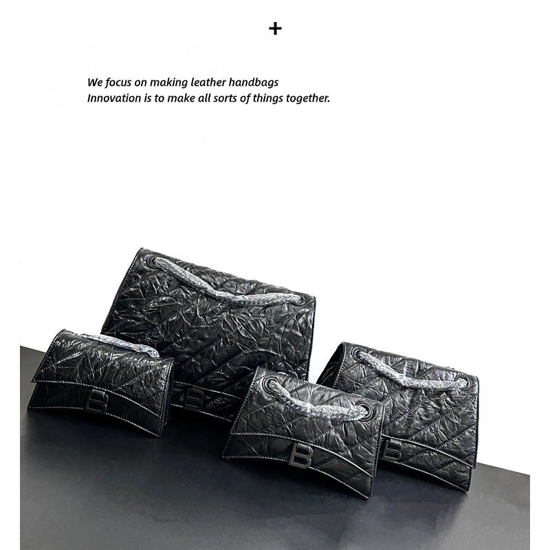 高级感头层牛皮沙漏包2023秋冬新款褶皱菱格链条包b家单肩斜挎女