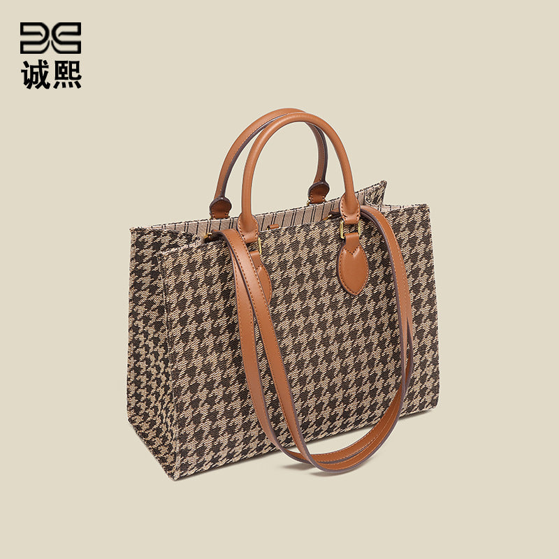 千鸟格手提包商务包女通勤欧美复古大容量托特包2025潮秋冬购物包