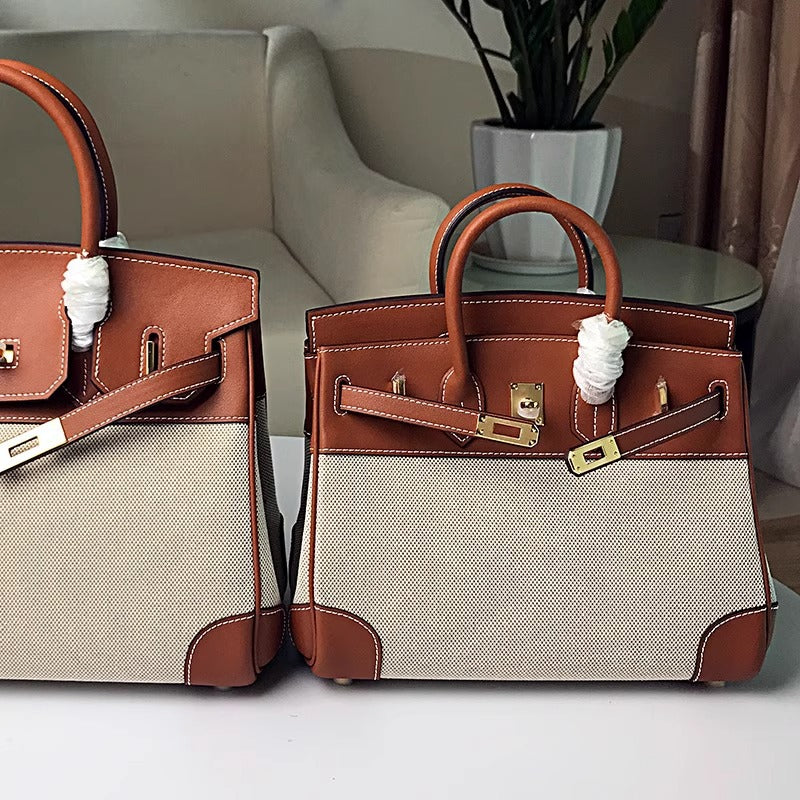 高品质时尚简约铂金包帆布拼接swift牛皮女包休闲桶包手提单肩包