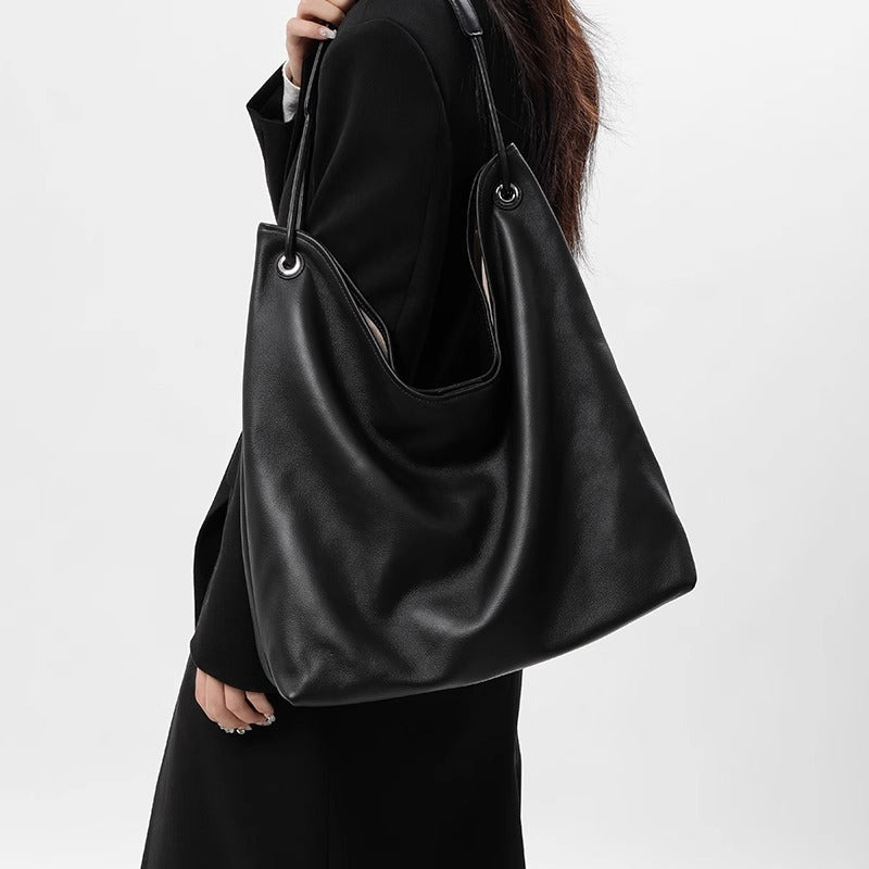 韩版潮慵懒简约头层牛皮大容量腋下包柔软通勤百搭休闲托特包代发