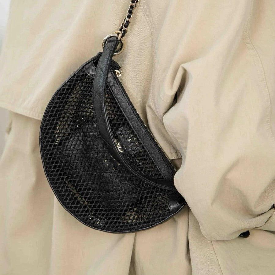 小香风25S编织镂空新月包高级感真皮单肩斜挎链条包手提DIY网纱包