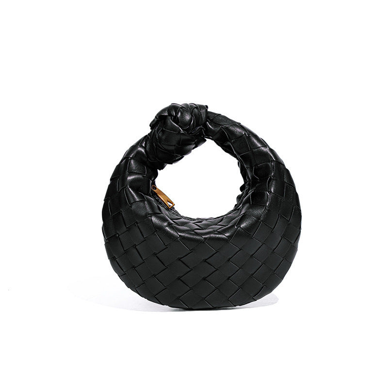 外贸新品时尚手拎饺子包打结手工编织女包百搭mini质感纯色牛角包