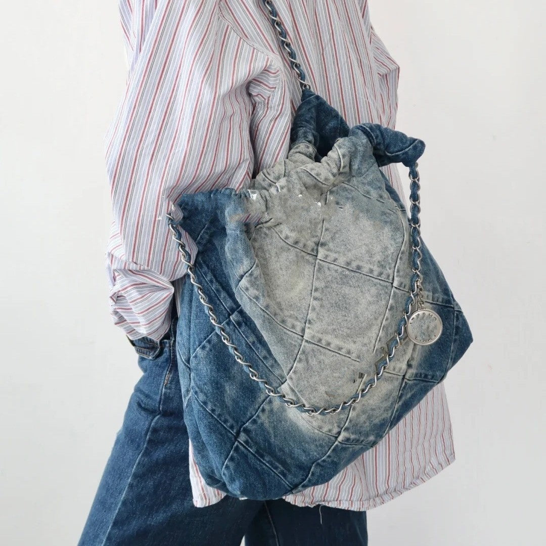 2025中古丹宁牛仔垃圾袋vintage单肩包22bag复古包大容量休闲包女