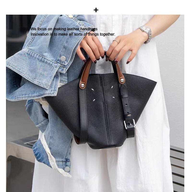 2025新款外贸女包牛皮手提包扇形菜篮子小众大容量手拎购物托特包