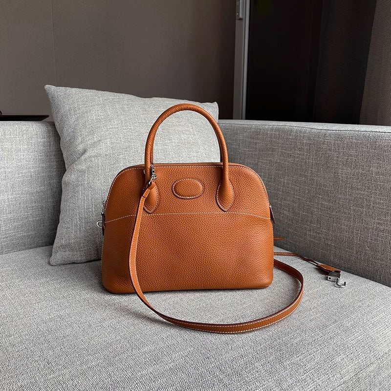 新款荔枝纹真皮贝壳包头层牛皮保龄球手提包拉链大容量通勤女包