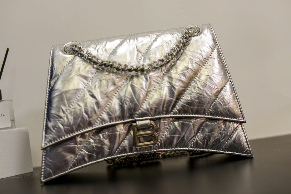 头层牛皮沙漏包2022秋冬新款褶皱菱格链条包b家单肩斜挎女通勤