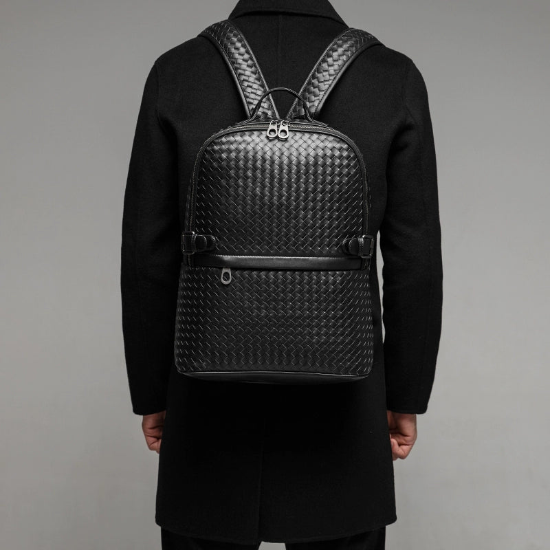 X&BV男士双肩包真皮大容量商务休闲旅行电脑背包编织男包时尚书包