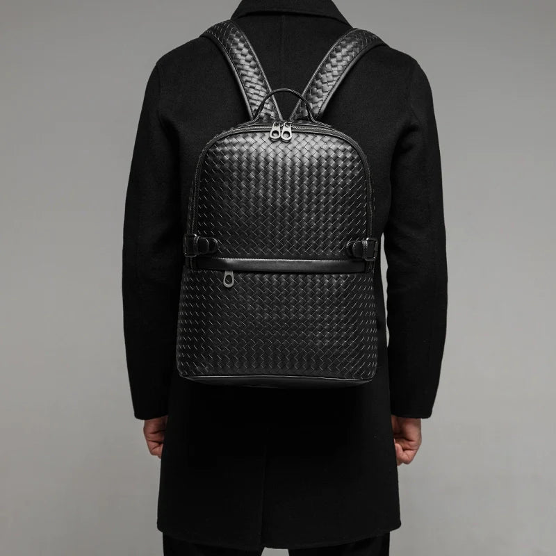 X&BV男士双肩包真皮大容量商务休闲旅行电脑背包编织男包时尚书包