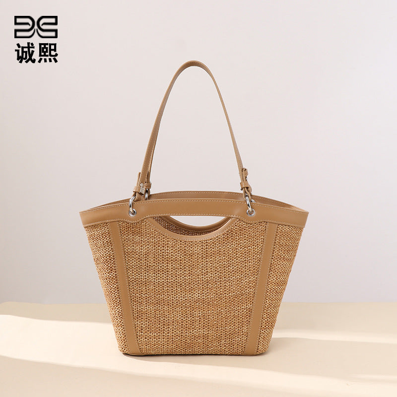 新款度假沙滩子母包草编菜篮子单肩女包时尚腋下包手拎编织托特包