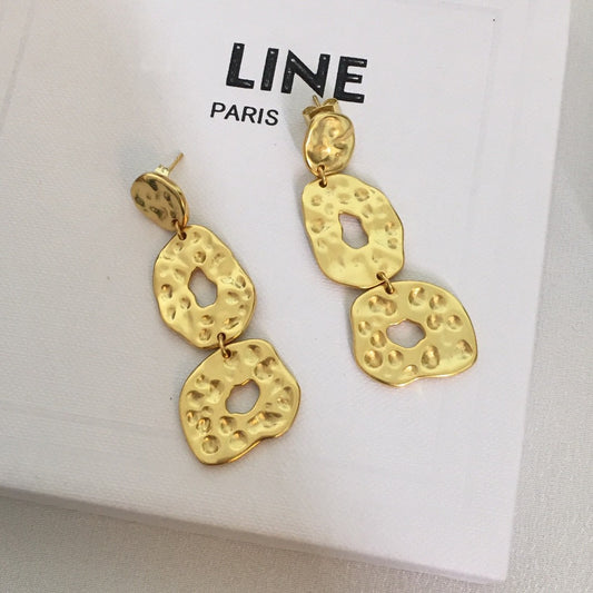 赛林家23新款三环耳钉女高级感气质欧美风黄铜镀金不规则圆片耳环