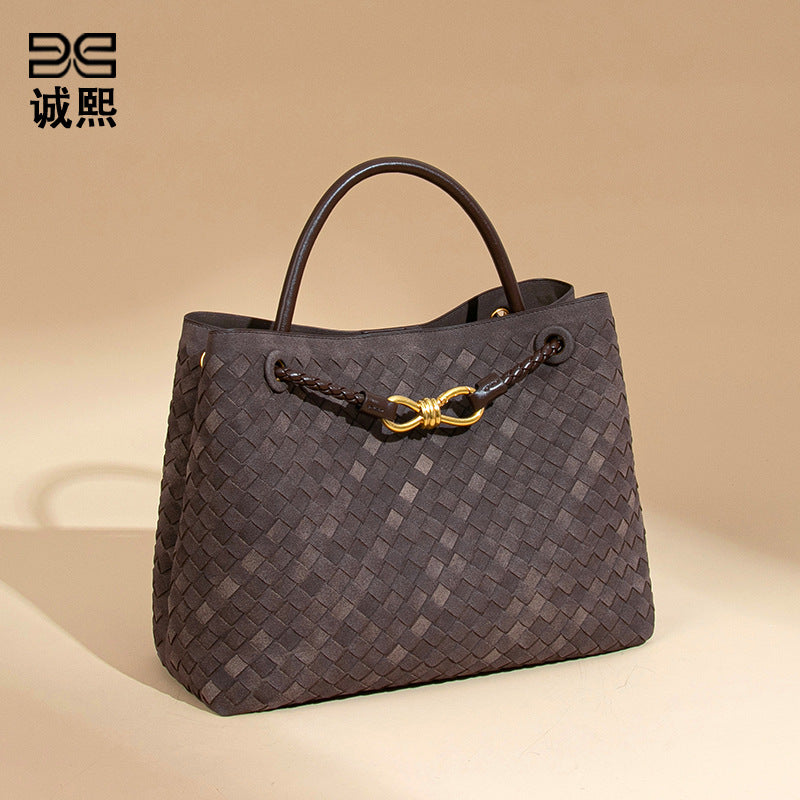 2025新款大容量手提托特包手工编织女包质感磨砂麂皮绒单肩斜跨包