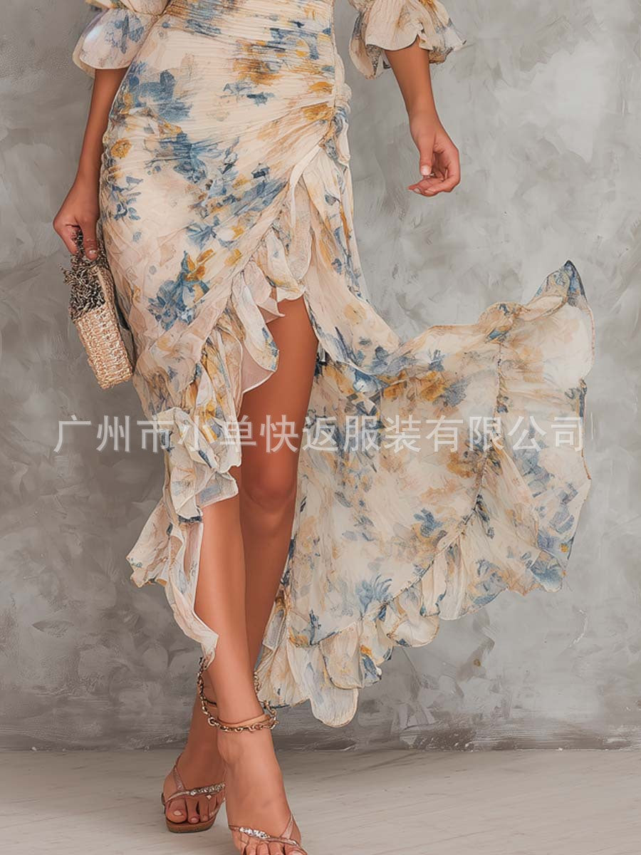 2026新款法式泡泡袖印花修身长裙欧美跨境时尚雪纺荷叶边连衣裙