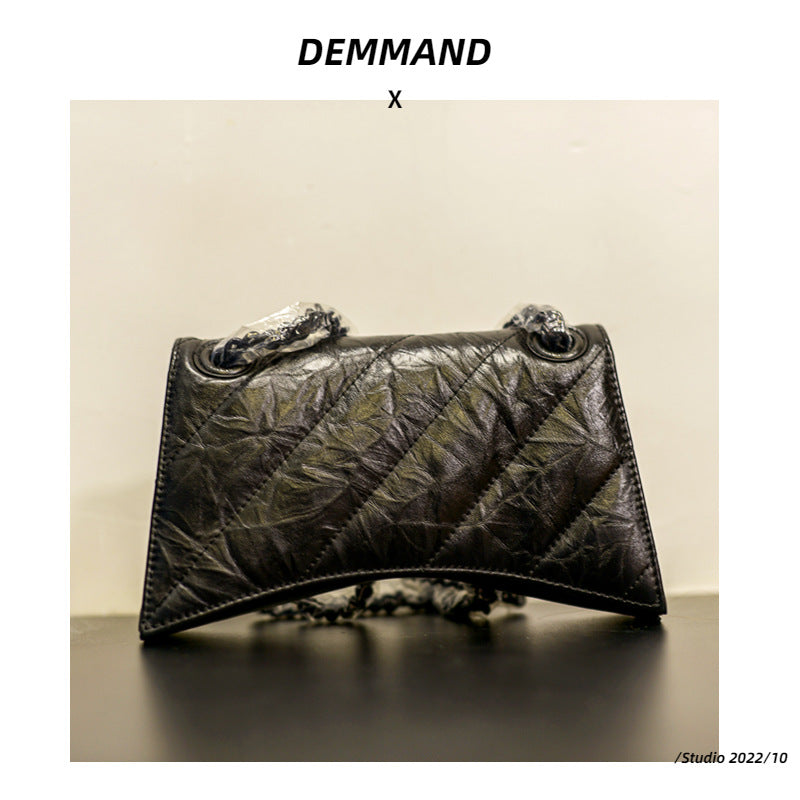 头层牛皮沙漏包2022秋冬新款褶皱菱格链条包b家单肩斜挎女通勤