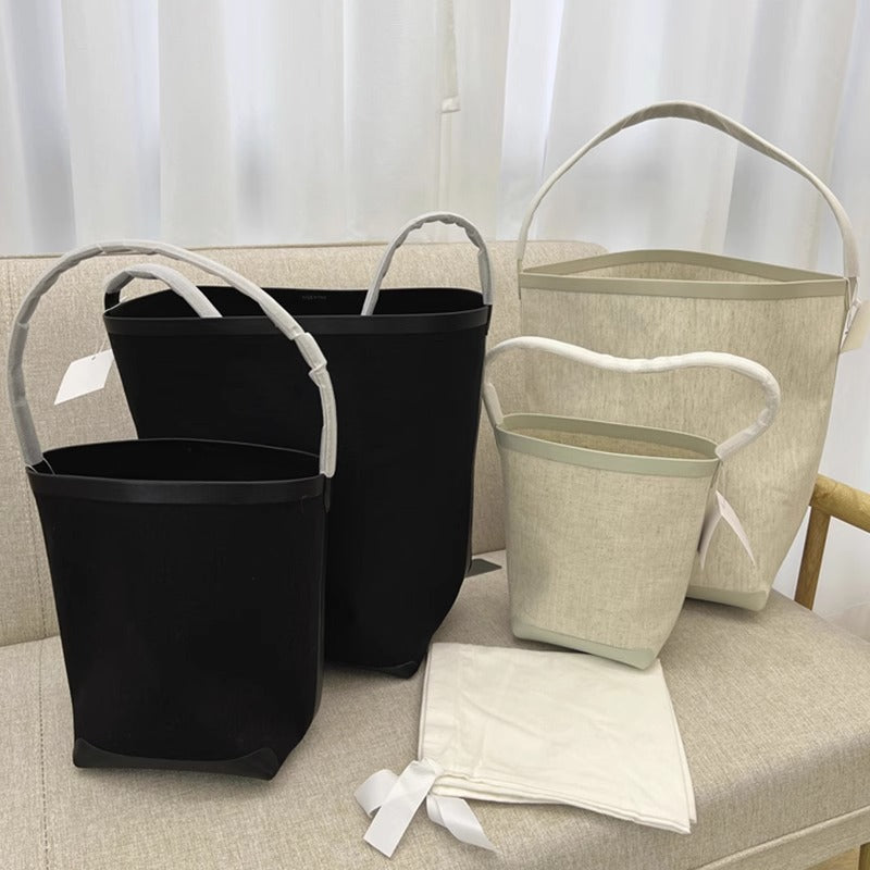 TR高定时尚休闲棉麻拼皮Tote水桶包简约大容量帆布包单肩托特包女