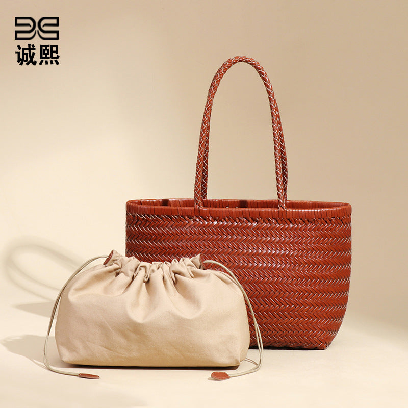 牛皮复古菜篮子手提托特女包个性手工编织包休闲度假风单肩腋下包
