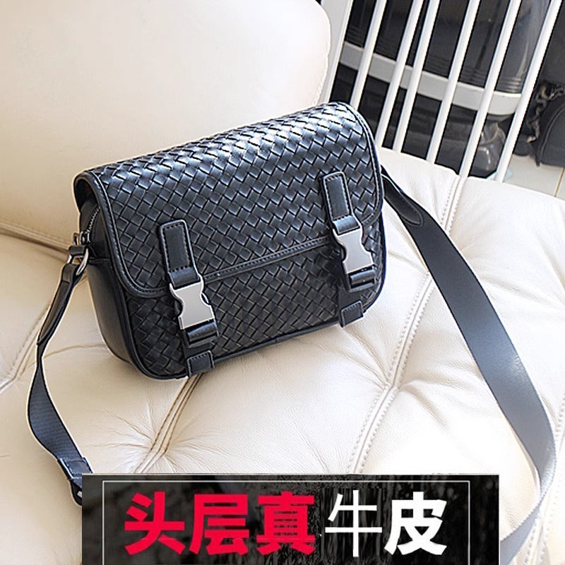 直播代发男士真皮编织邮差包纯牛皮休闲骑行时尚女男生单肩斜挎包