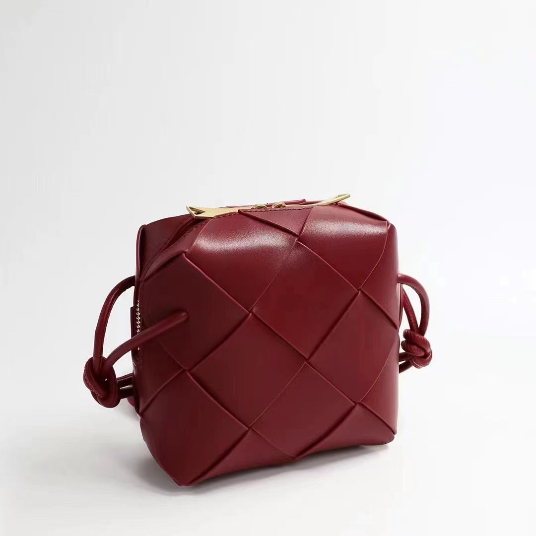 2022小香风菱格真皮手提斜挎包高级感编织包小方盒牛皮ins马鞍包