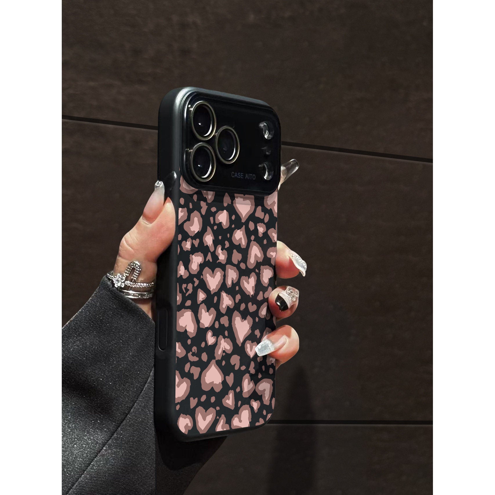 豹纹粉色爱心跨境液态大视窗适用苹果17Promax手机壳iPhone16硅胶