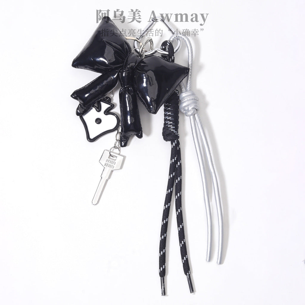 阿乌美工厂现货皮质充棉大蝴蝶结桃心包包挂饰钥匙扣编织绳定制