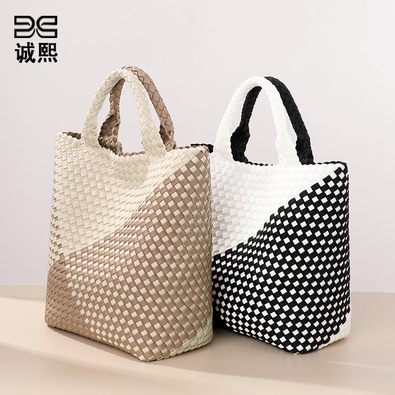 跨境新款手提编织女包工厂定制贴标拼色托特包个性潮流手拎子母包