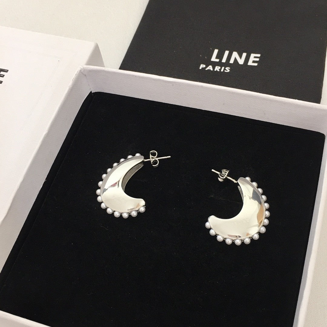 赛林家23新款月亮形耳钉女高级感气质光面CEL风黄铜镀金珍珠耳环